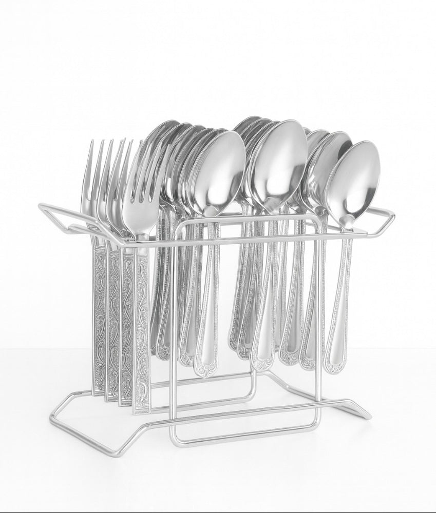 24 PCS Stainless Steel Cutlery Set Organized in a Wire Rack"